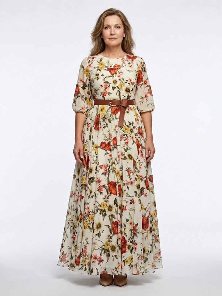 Lilou | Robe maxi avec ceinture, col rond et manches trois-quarts