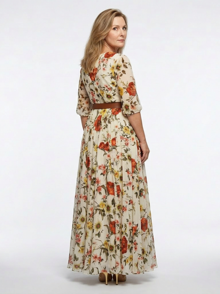 Lilou | Robe maxi avec ceinture, col rond et manches trois-quarts