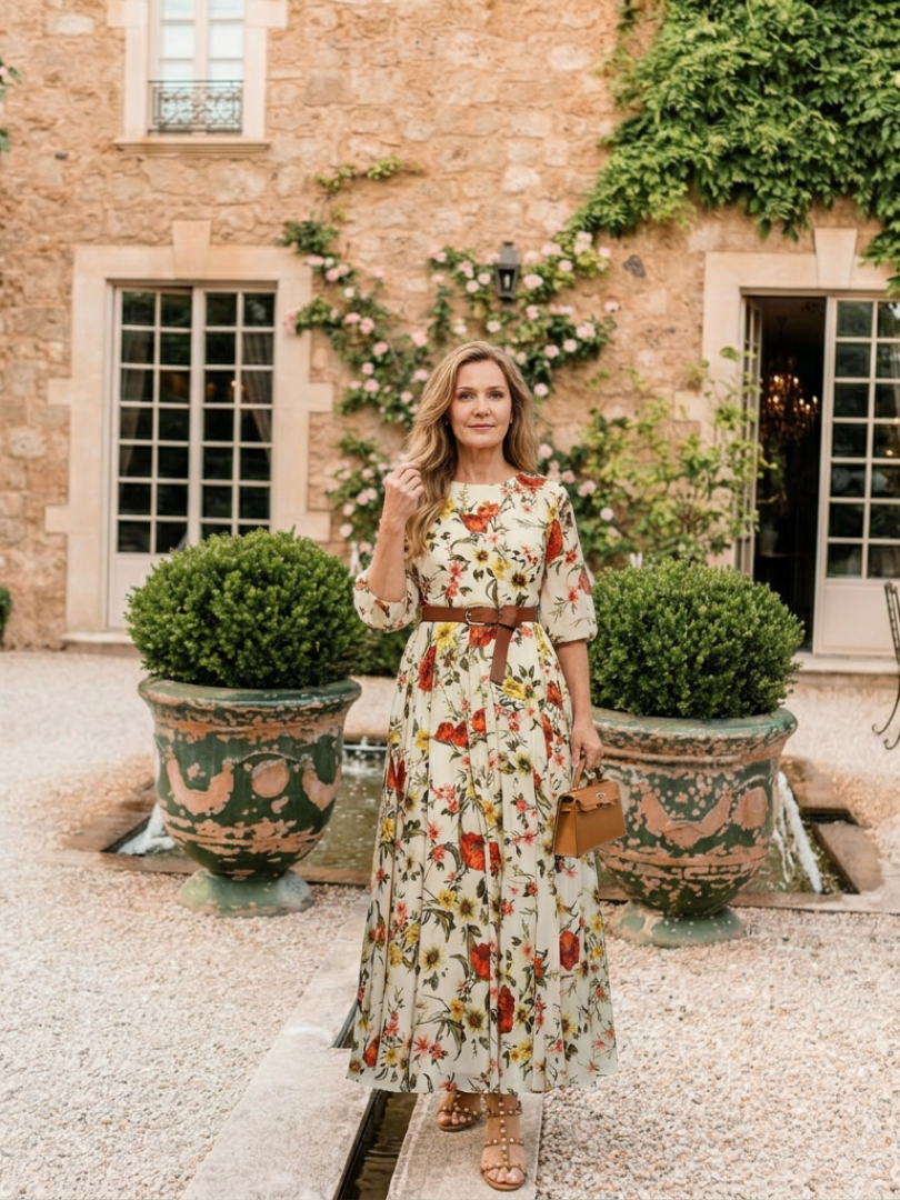 Lilou | Robe maxi avec ceinture, col rond et manches trois-quarts