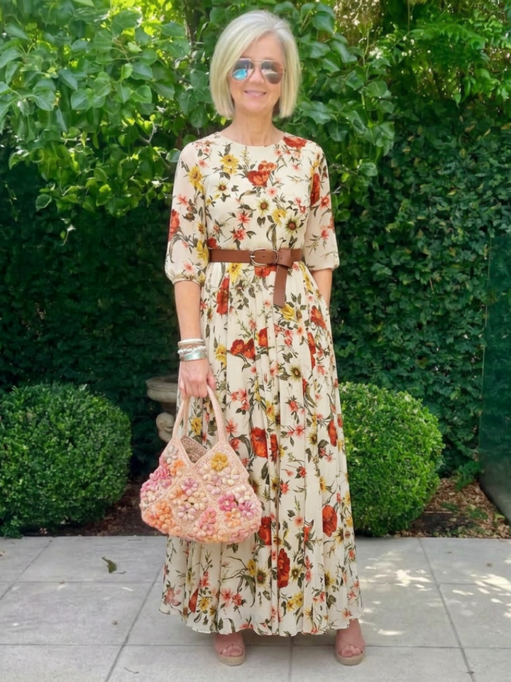 Lilou | Robe maxi avec ceinture, col rond et manches trois-quarts