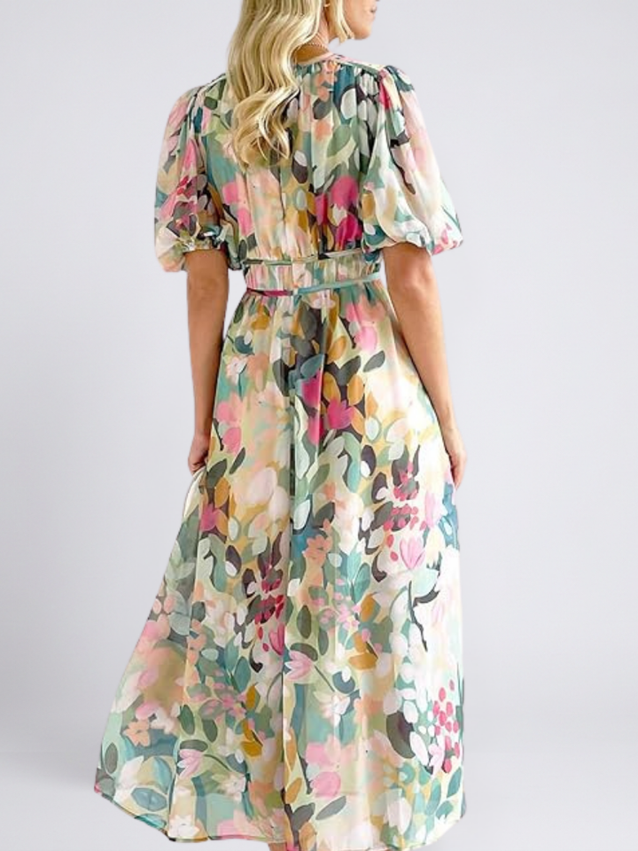 Inès | Robe Midi à Manches Courtes avec Taille Froncée