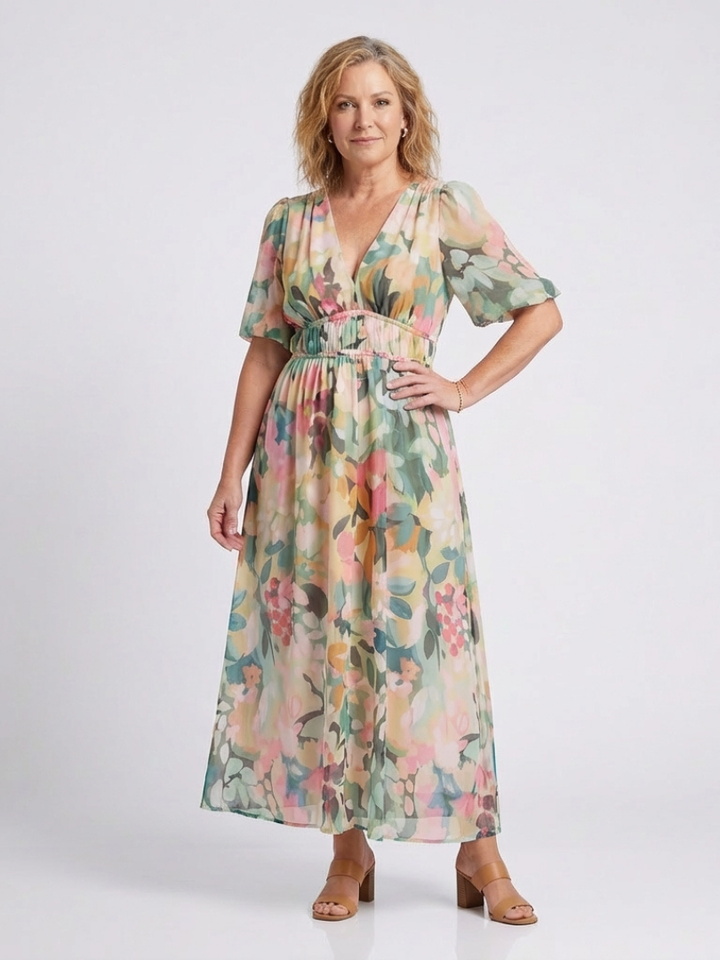 Inès | Robe Midi à Manches Courtes avec Taille Froncée