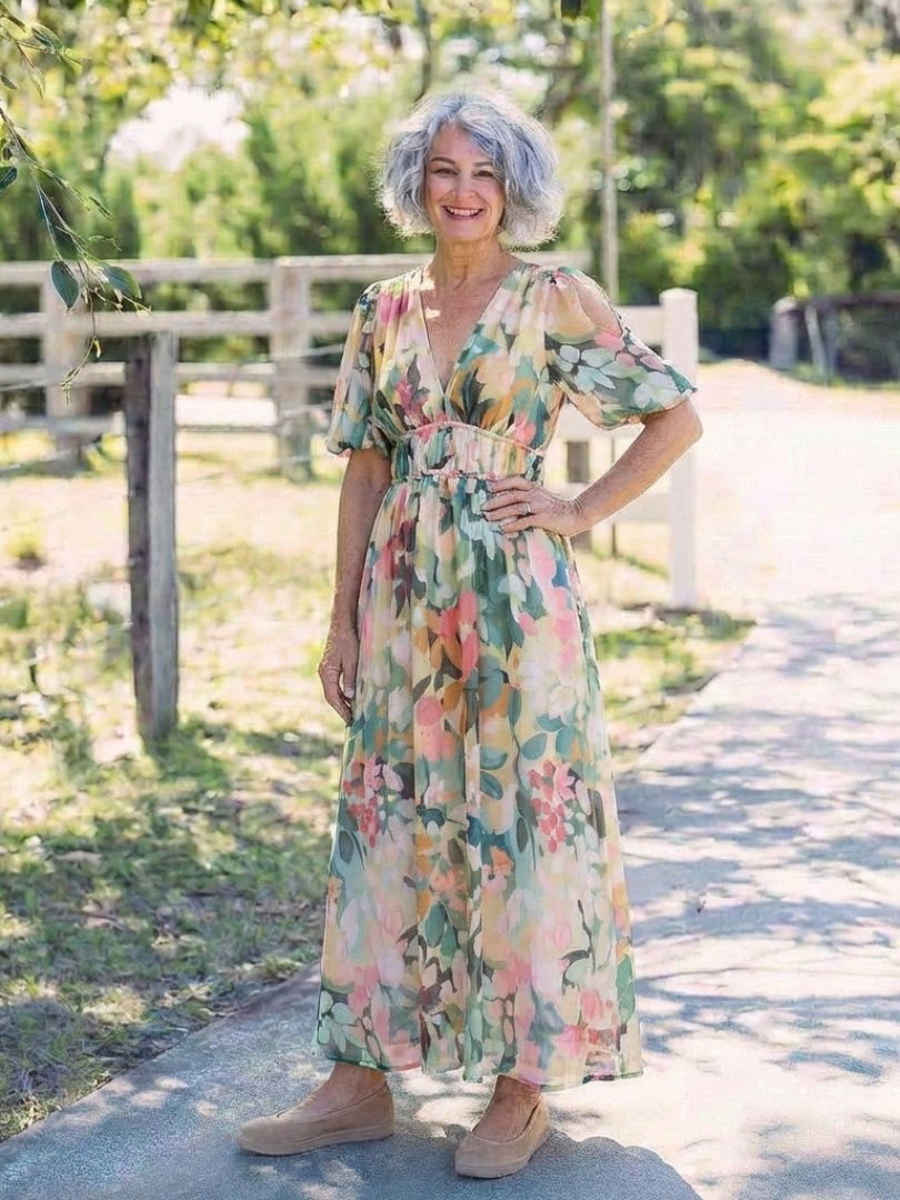 Inès | Robe Midi à Manches Courtes avec Taille Froncée