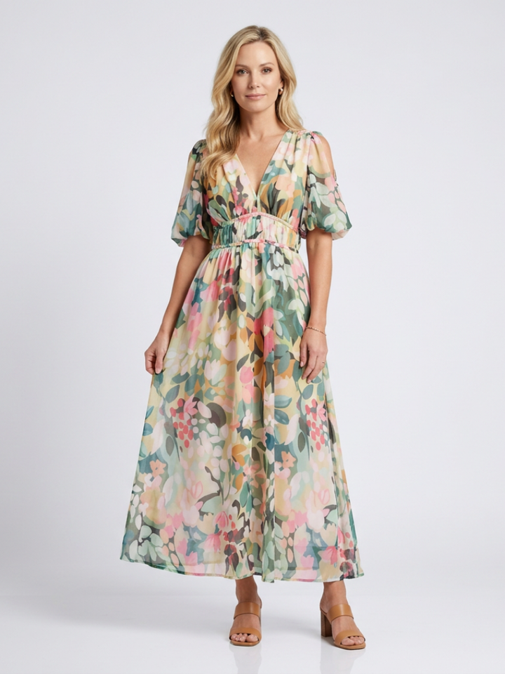 Inès | Robe Midi à Manches Courtes avec Taille Froncée