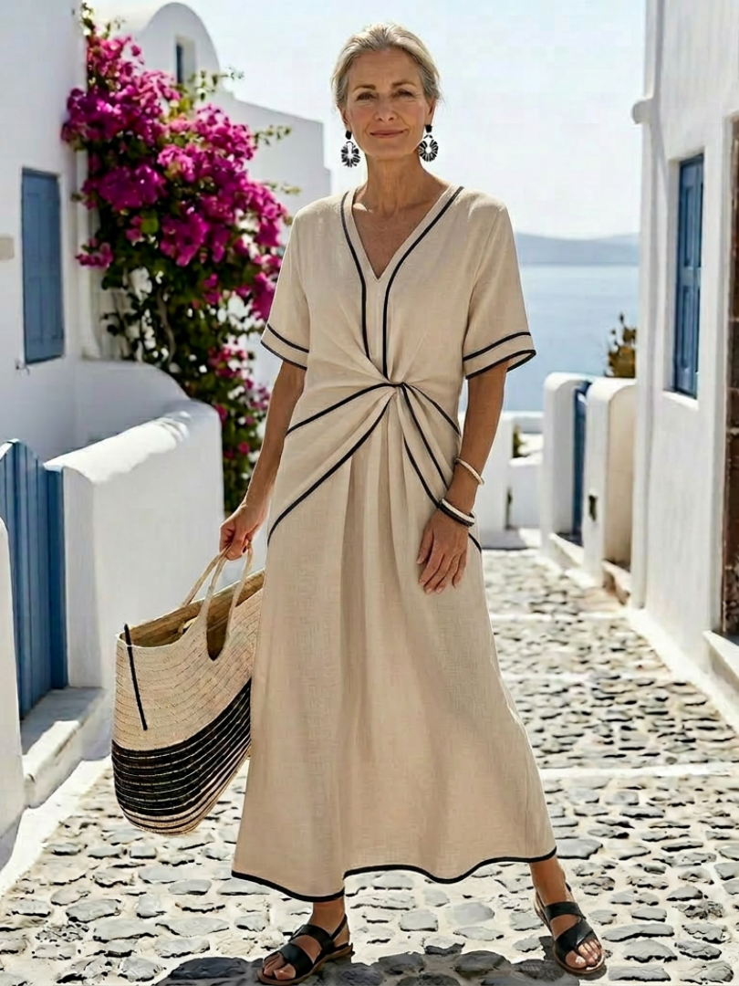 Histoire | Robe midi avec décolleté en V et taille froncée