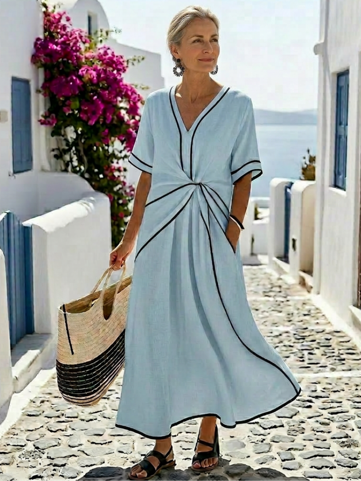 Histoire | Robe midi avec décolleté en V et taille froncée
