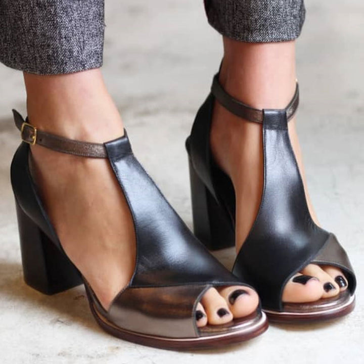 Gabrielle | Sandales à talons hauts noires avec orteil ouvert en patchwork