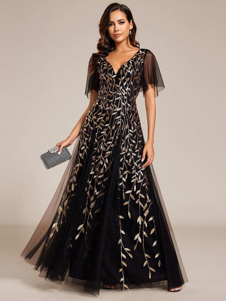 Prudence | Robe de Soirée Longue Romantique Étincelante avec Décolleté en V et Bretelles