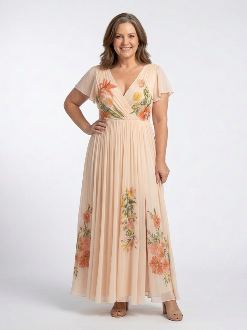 Brigitte | Robe maxi avec fleurs plissées et décolleté en V