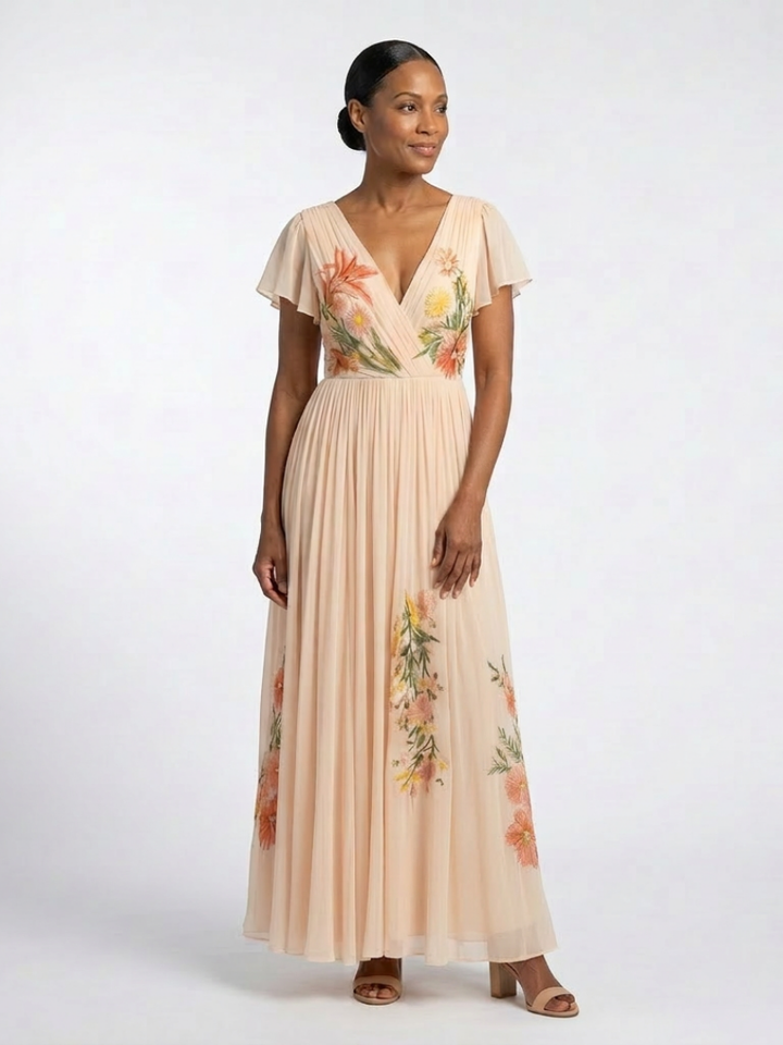 Brigitte | Robe maxi avec fleurs plissées et décolleté en V