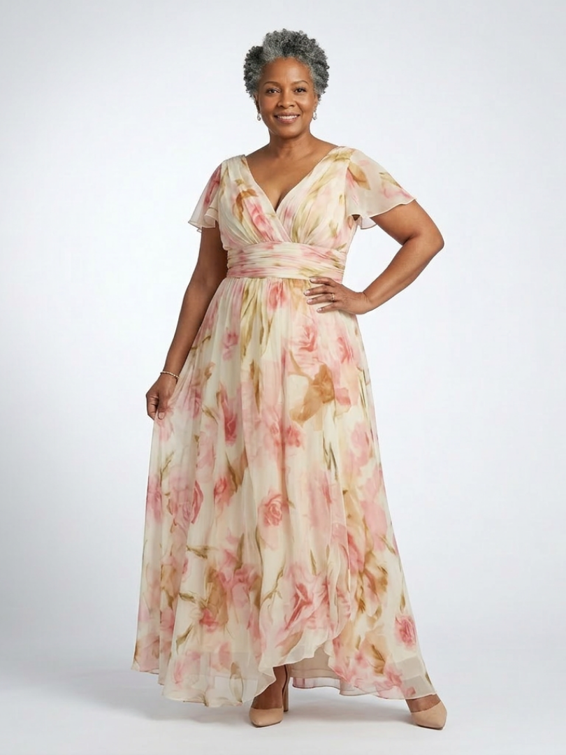 Zoraide | Robe Maxi Florale avec Manches Courtes en V