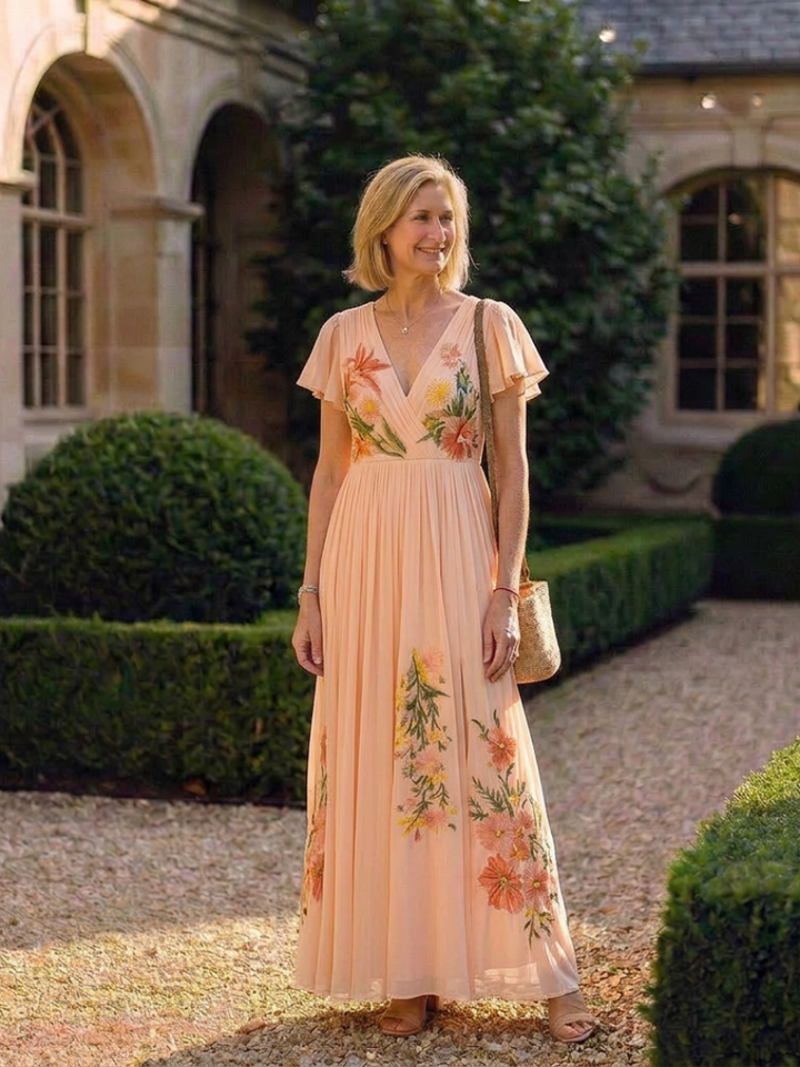 Brigitte | Robe maxi avec fleurs plissées et décolleté en V