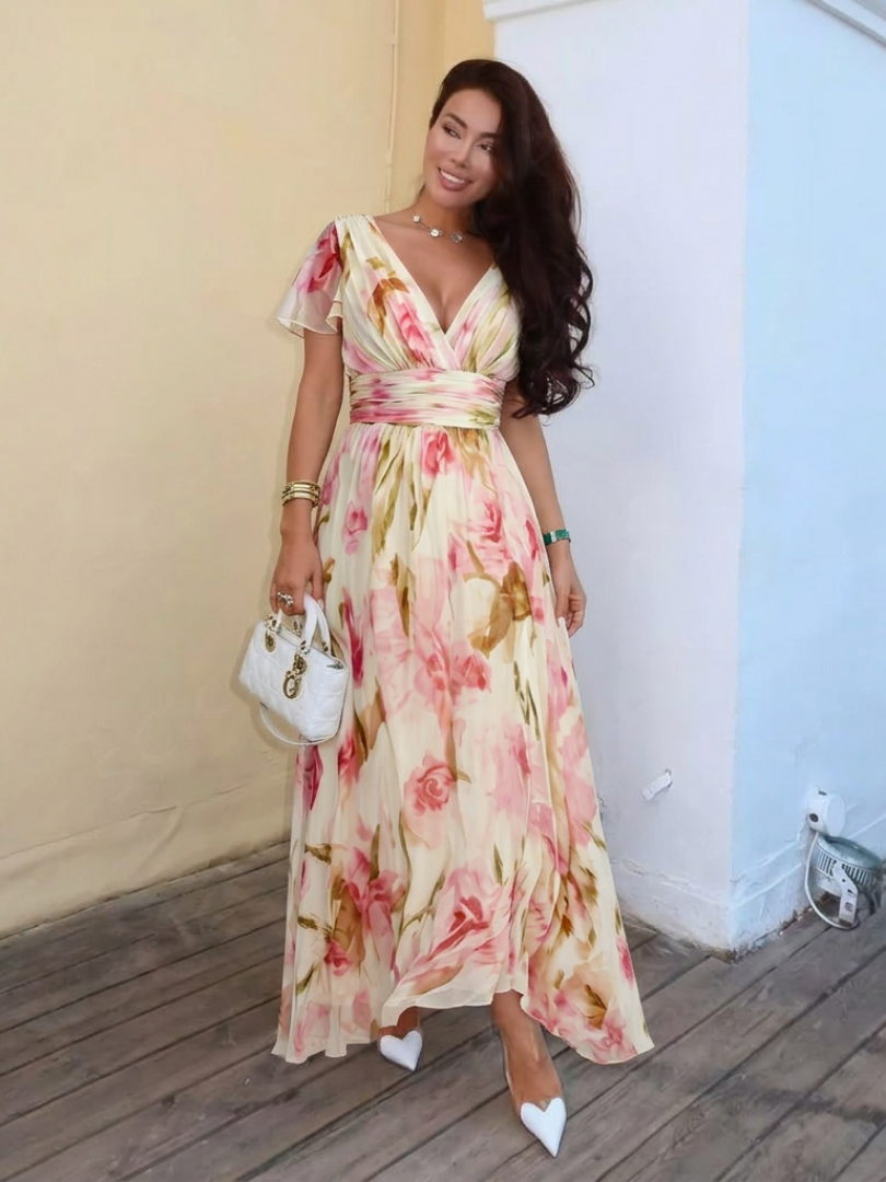 Zoraide | Robe Maxi Florale avec Manches Courtes en V