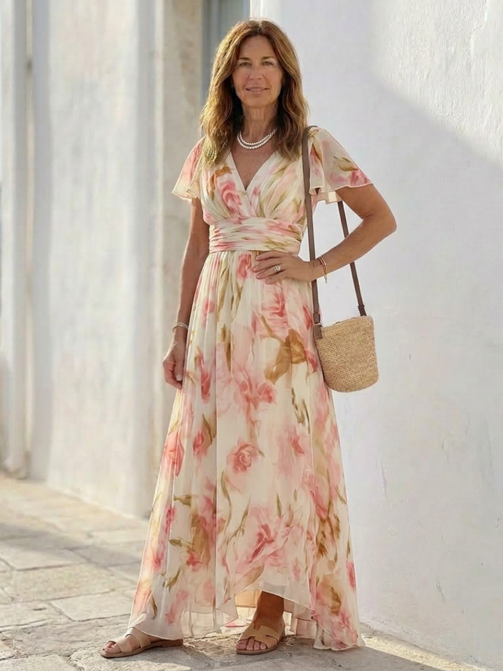 Zoraide | Robe Maxi Florale avec Manches Courtes en V