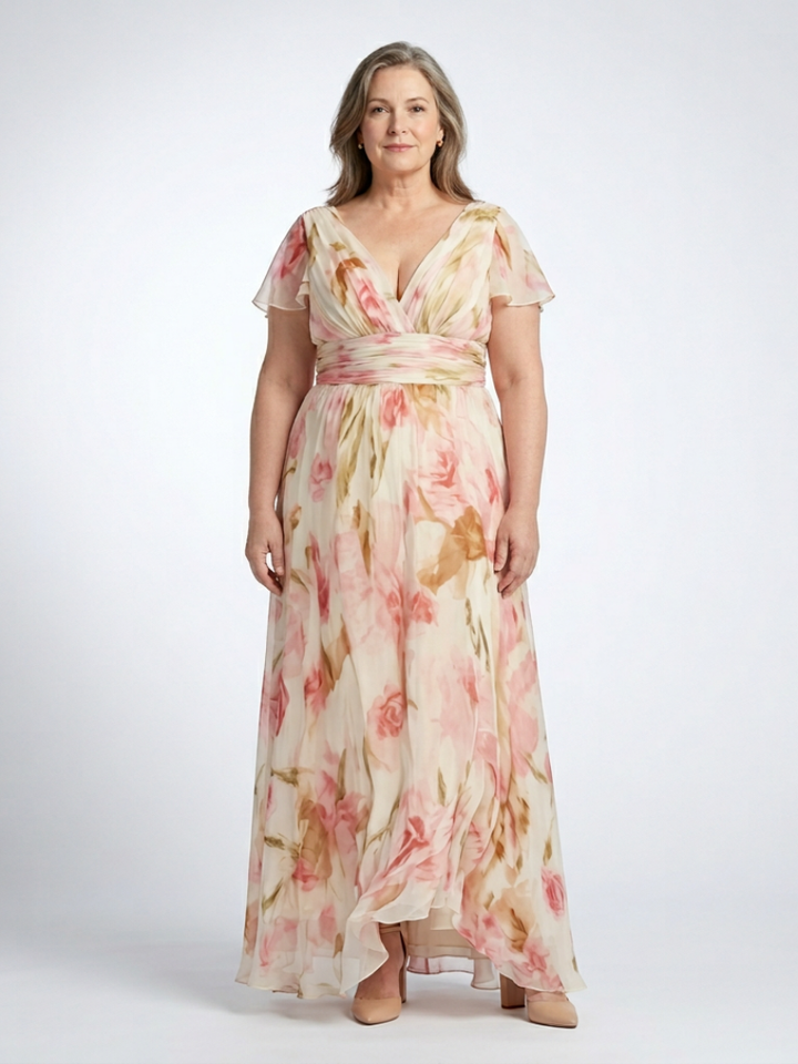 Zoraide | Robe Maxi Florale avec Manches Courtes en V