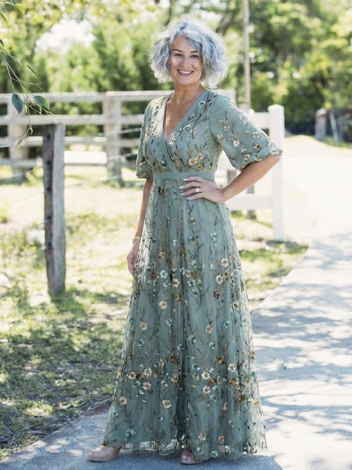 Céline | Robe maxi brodée avec décolleté en V