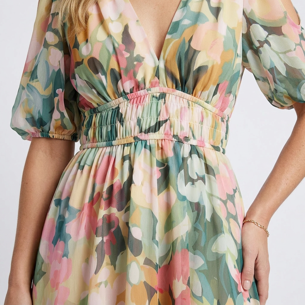 Inès | Robe Midi à Manches Courtes avec Taille Froncée