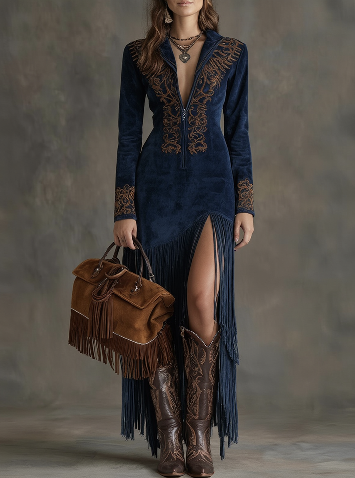 Alizée | Robe Longue Brodée avec Fermeture Éclair Frontal