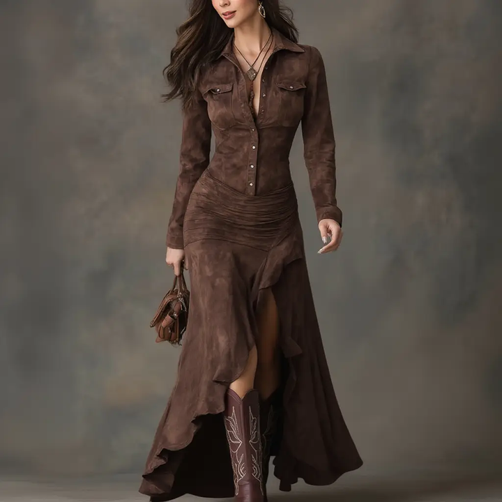 Nicole | Robe Longue Rétro Marron avec Volants