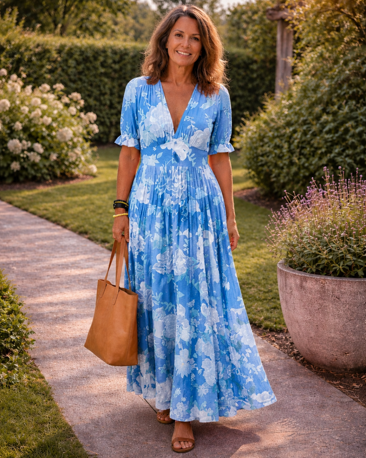 Mélanie | Robe Midi Florale Sans Manches avec Décolleté en V
