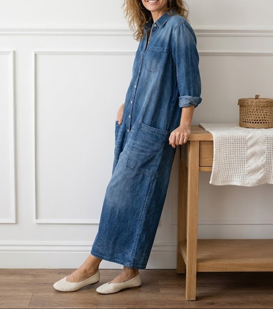 Étiennette™ | Robe maxi en jean avec boutonnage et manches longues