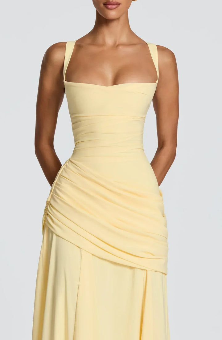Bathilde | Robe maxi avec décolleté en cœur et ruché asymétrique