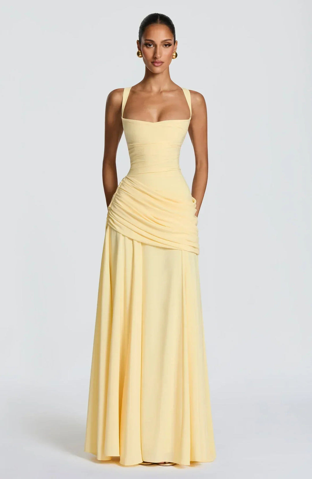 Bathilde | Robe maxi avec décolleté en cœur et ruché asymétrique