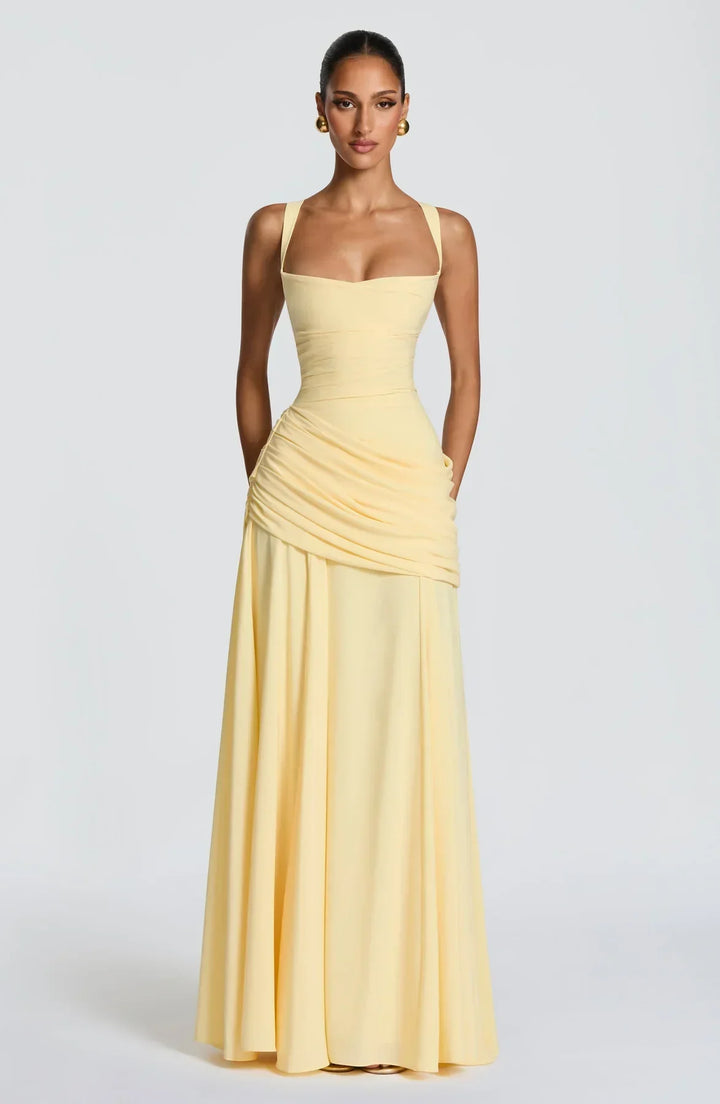 Bathilde | Robe maxi avec décolleté en cœur et ruché asymétrique