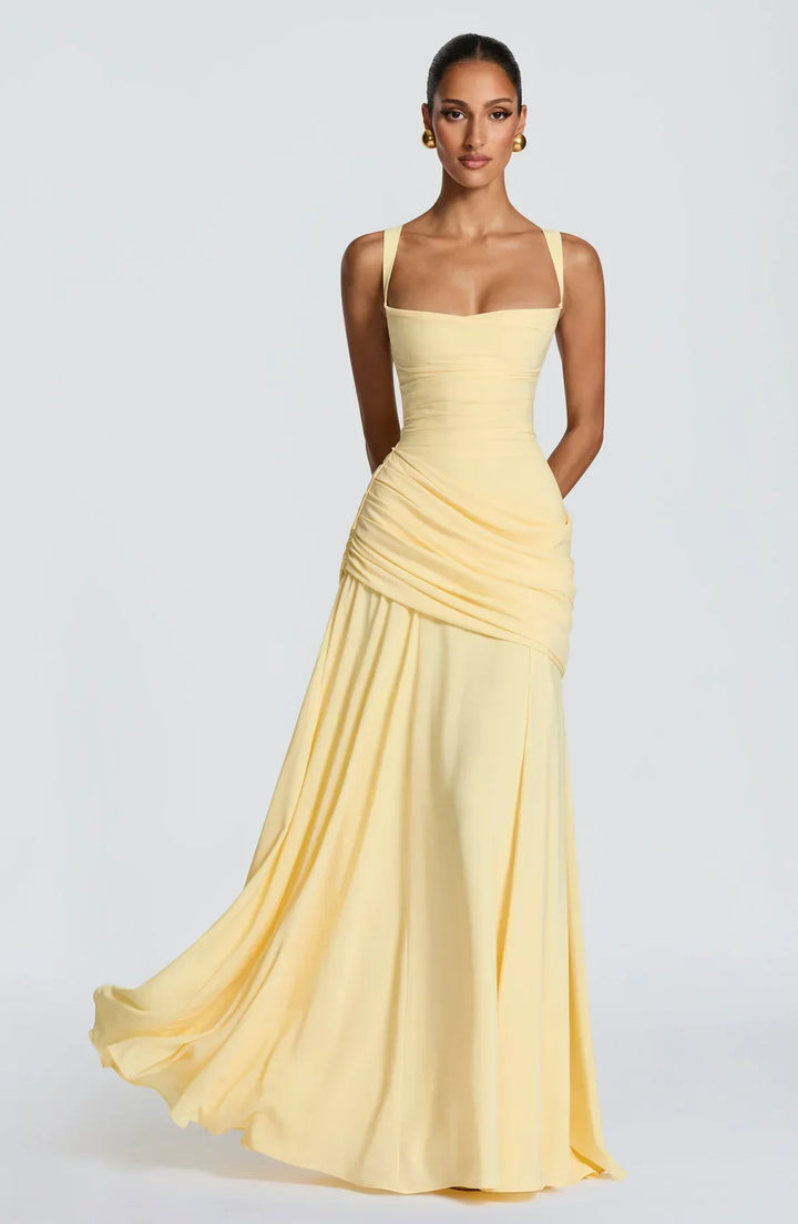 Bathilde | Robe maxi avec décolleté en cœur et ruché asymétrique
