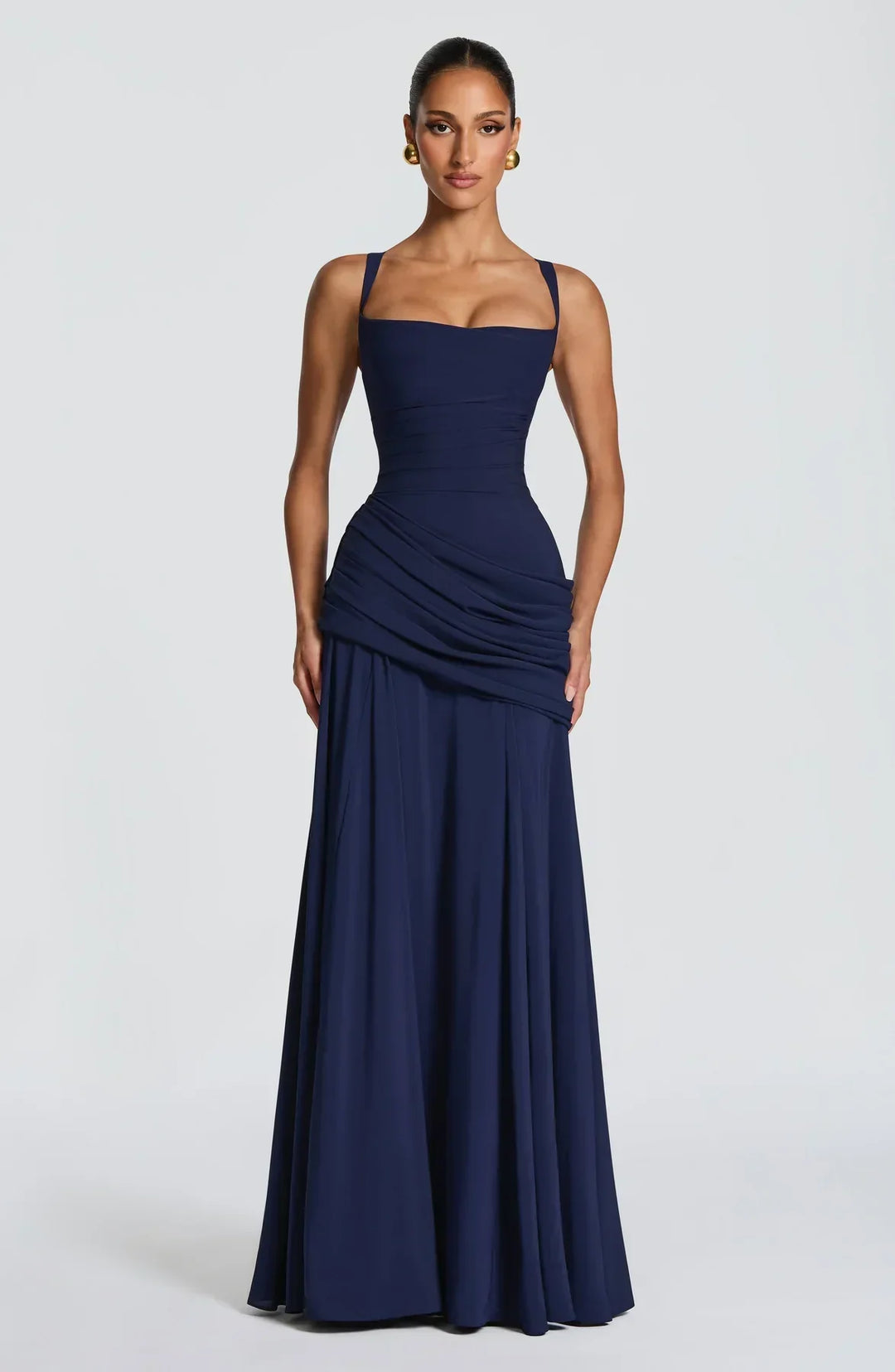 Bathilde | Robe maxi avec décolleté en cœur et ruché asymétrique