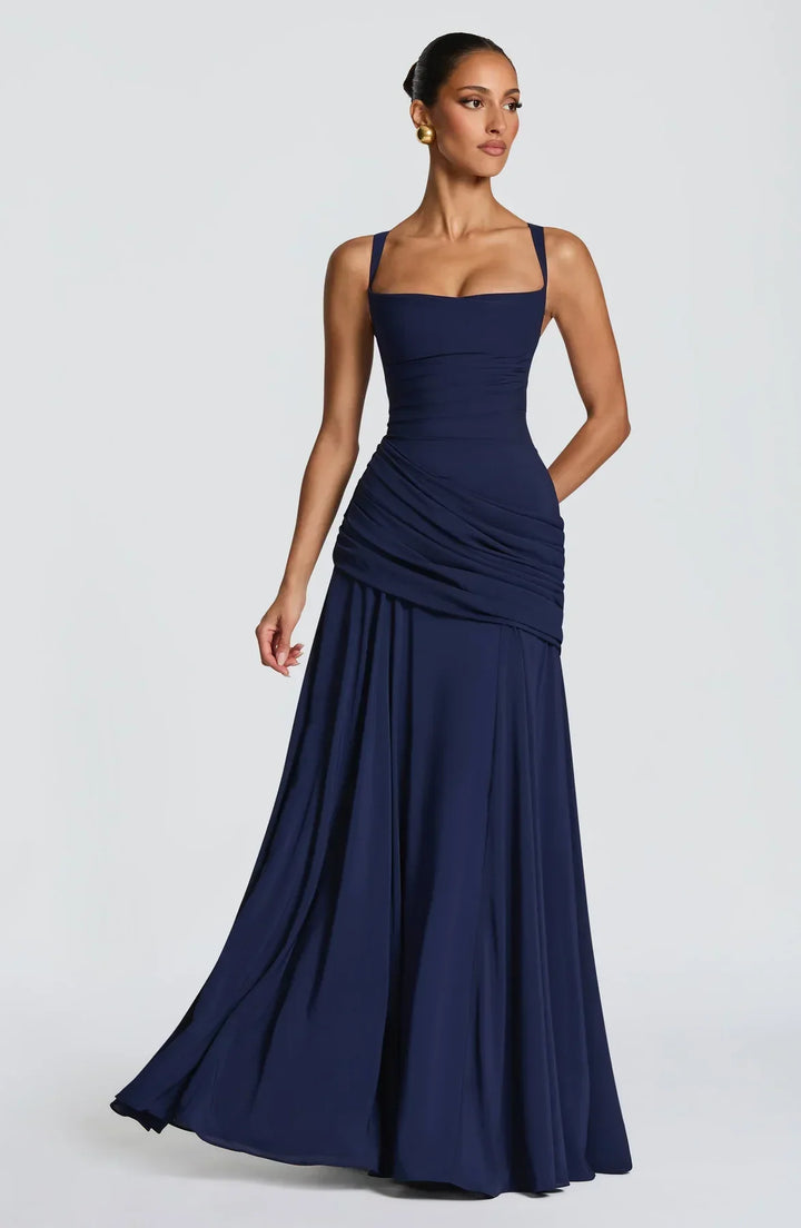 Bathilde | Robe maxi avec décolleté en cœur et ruché asymétrique