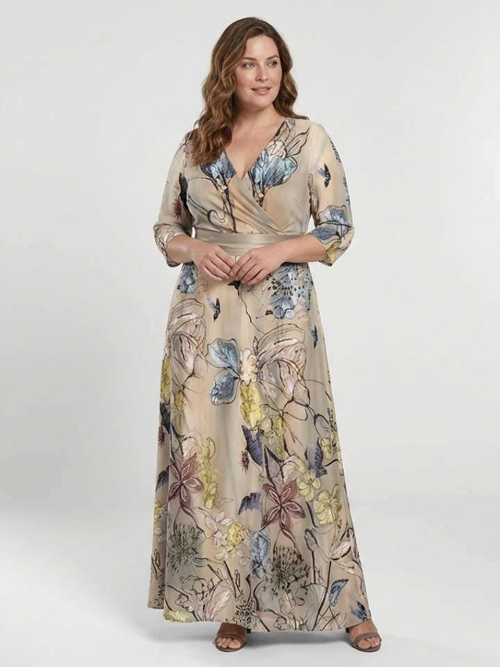 Armelle | Robe maxi portefeuille avec imprimé floral et manches trois-quarts