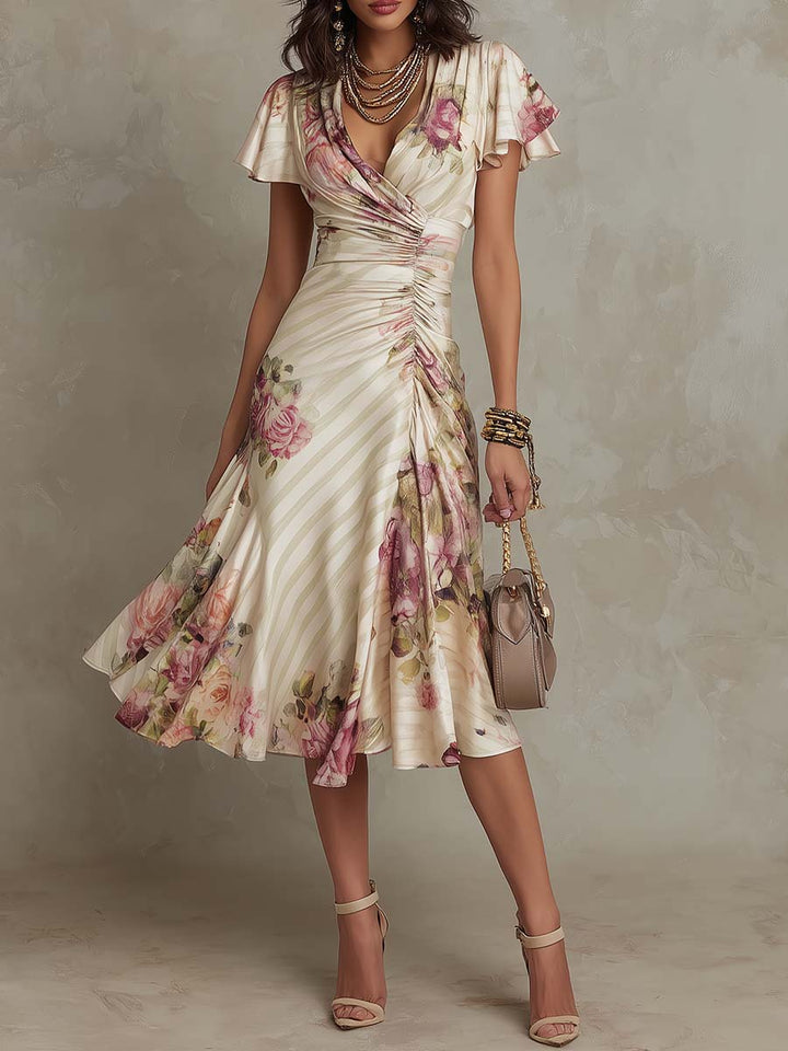 Léna | Robe midi en satin avec motif floral