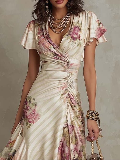 Léna | Robe midi en satin avec motif floral
