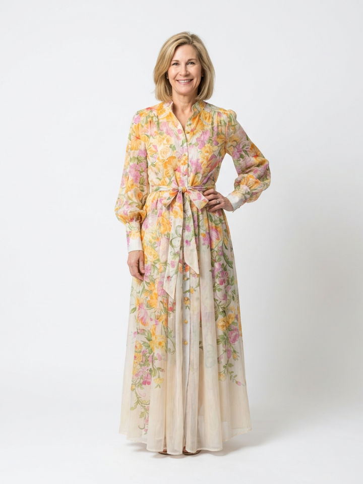 Éléonore | Robe Maxi Fluide à Manches Longues avec Fleurs