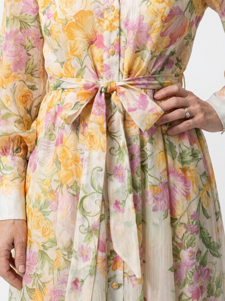 Éléonore | Robe Maxi Fluide à Manches Longues avec Fleurs