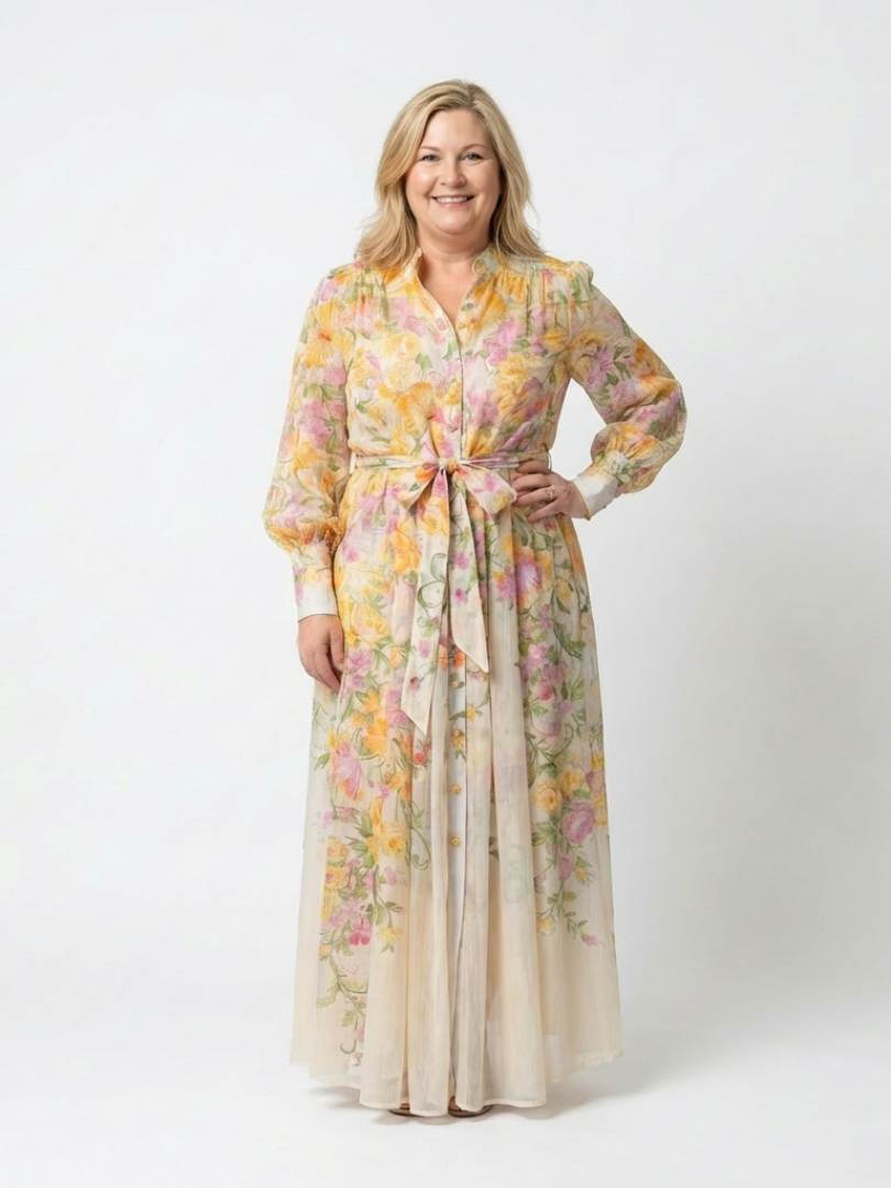 Éléonore | Robe Maxi Fluide à Manches Longues avec Fleurs