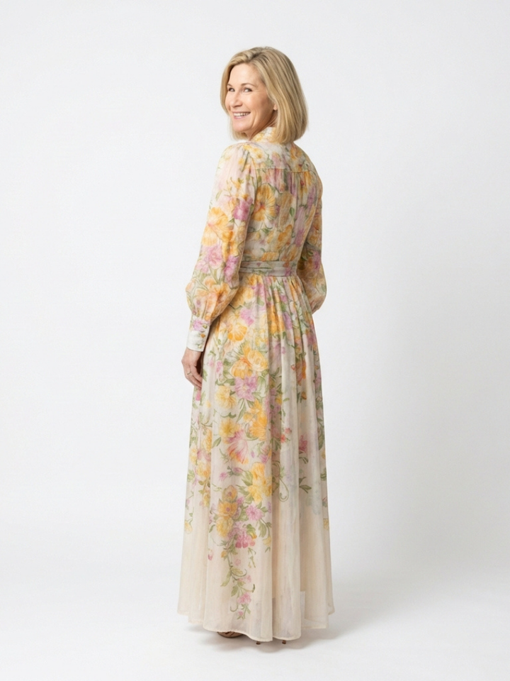 Éléonore | Robe Maxi Fluide à Manches Longues avec Fleurs