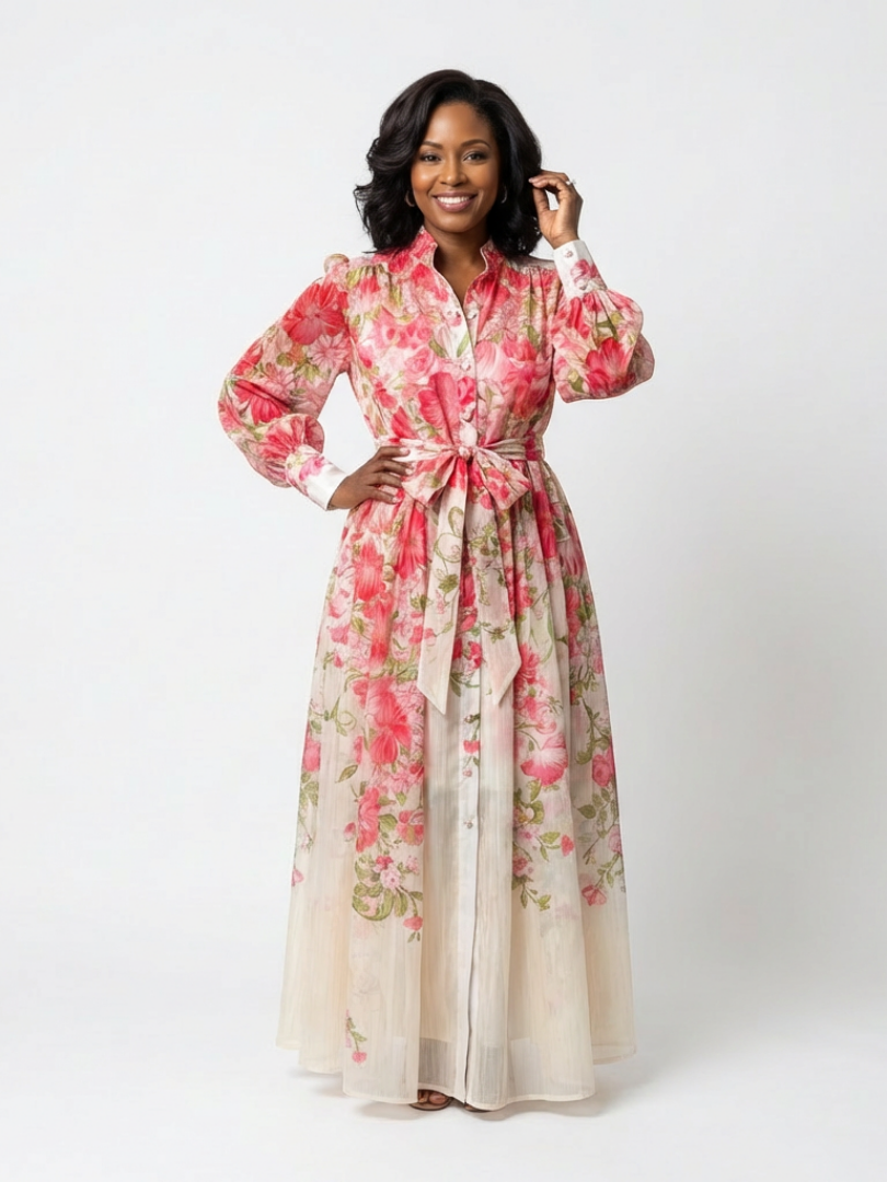 Éléonore | Robe Maxi Fluide à Manches Longues avec Fleurs