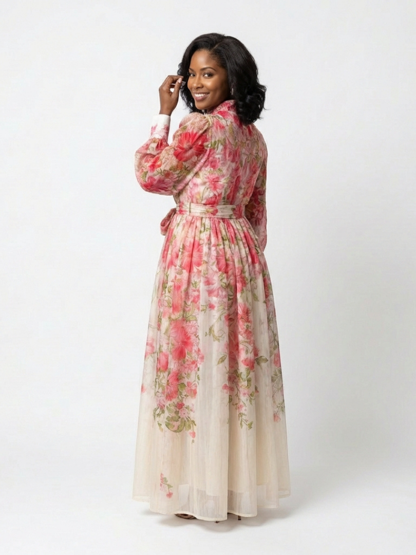 Éléonore | Robe Maxi Fluide à Manches Longues avec Fleurs