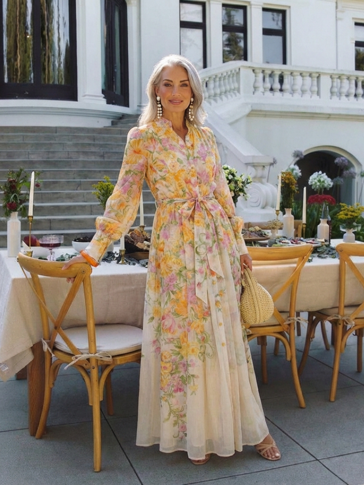Éléonore | Robe Maxi Fluide à Manches Longues avec Fleurs