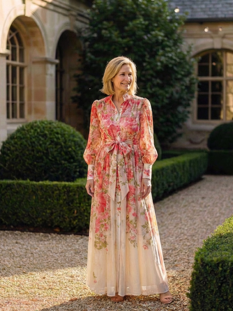 Éléonore | Robe Maxi Fluide à Manches Longues avec Fleurs