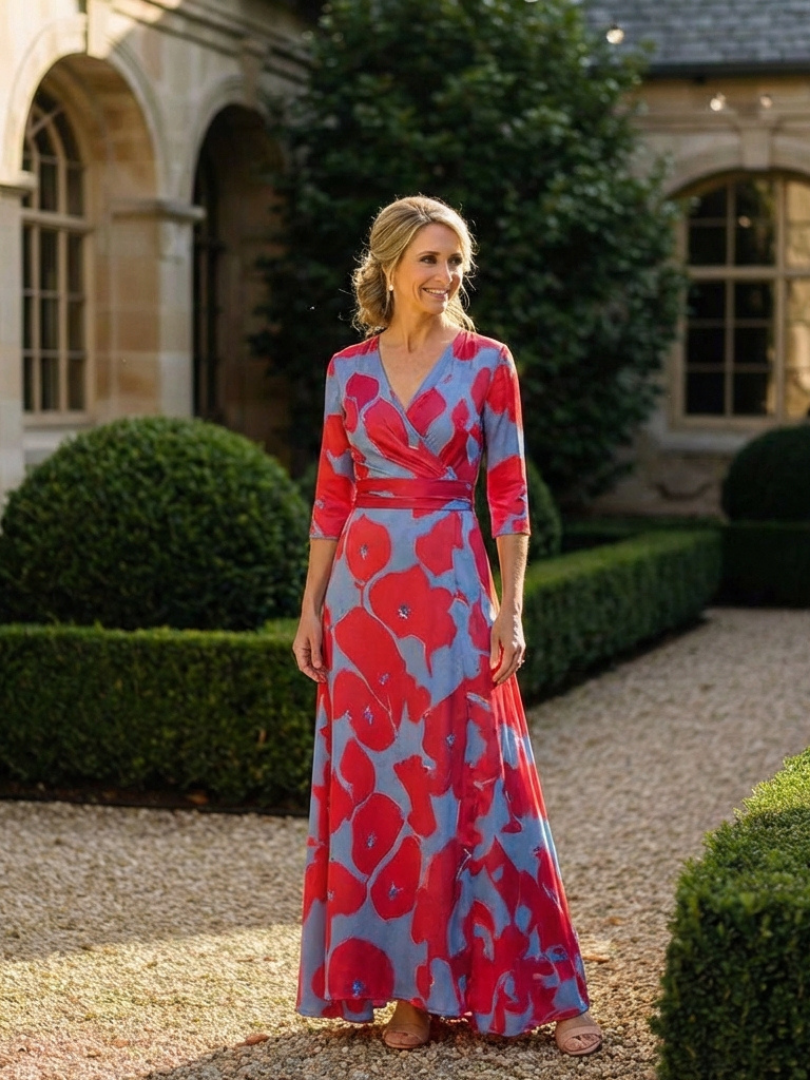 Marielle | Robe maxi avec des fleurs et des manches trois-quarts
