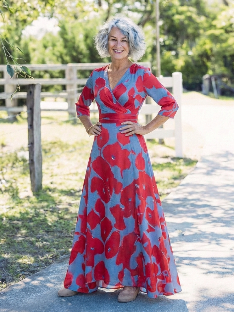Marielle | Robe maxi avec des fleurs et des manches trois-quarts